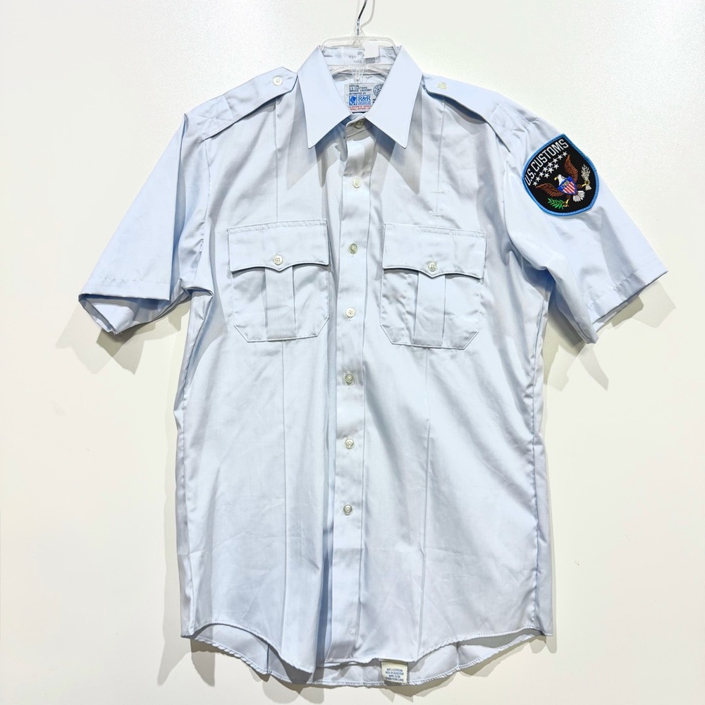 Men's US Customs Uniform Vintage Blue Short-Sleeve Utility Shirt with Patch